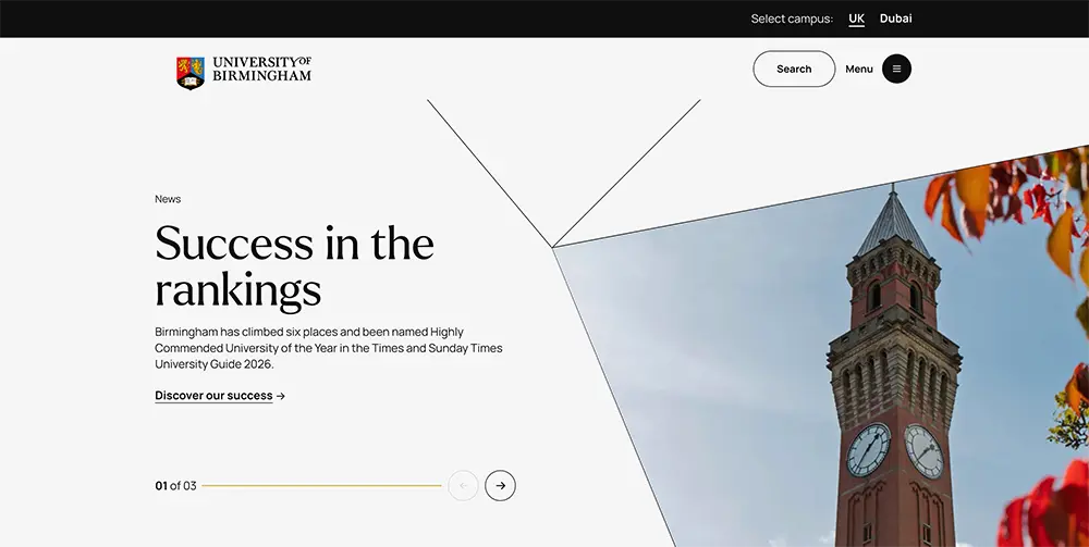 Image of University of Birmingham website homepage