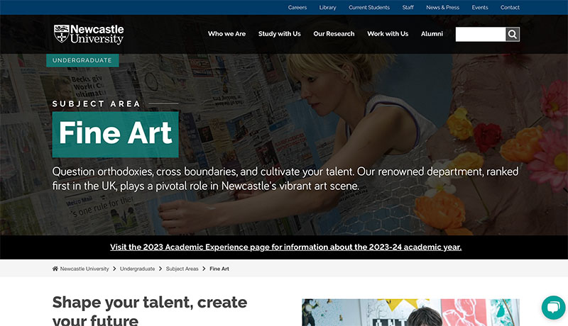 Screengrab of Newcastle University Fine Art department website homepage