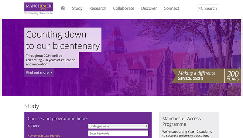 Screenshot of the University of Manchester website homepage