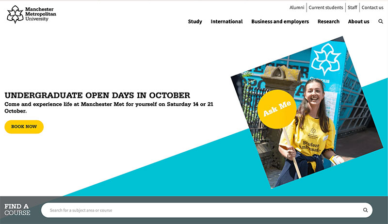 Screenshot of Manchester Met website homepage